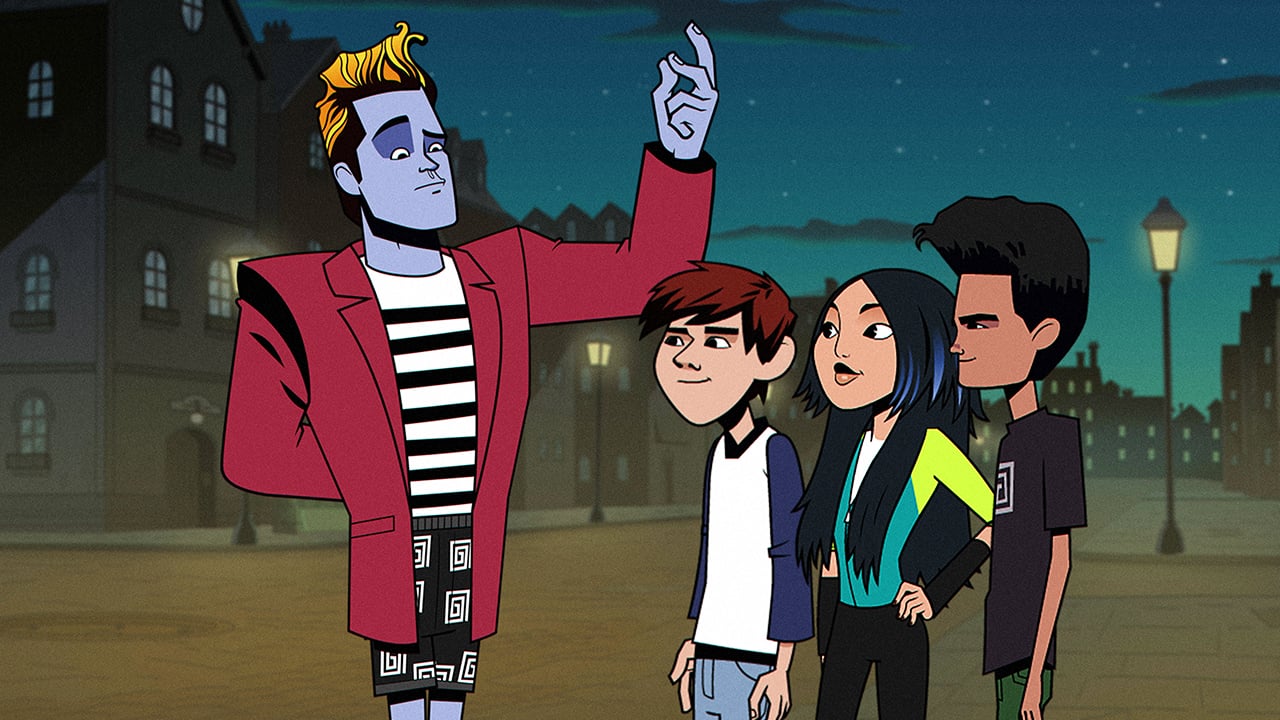 animated teens talking to a man with blue skin at night on a city street