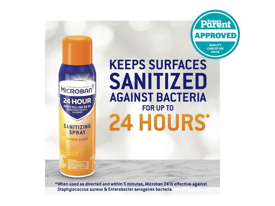 Microban sanitizing spray that says "Keeps surfaces sanitized against bacteria for up to 24 hours*"