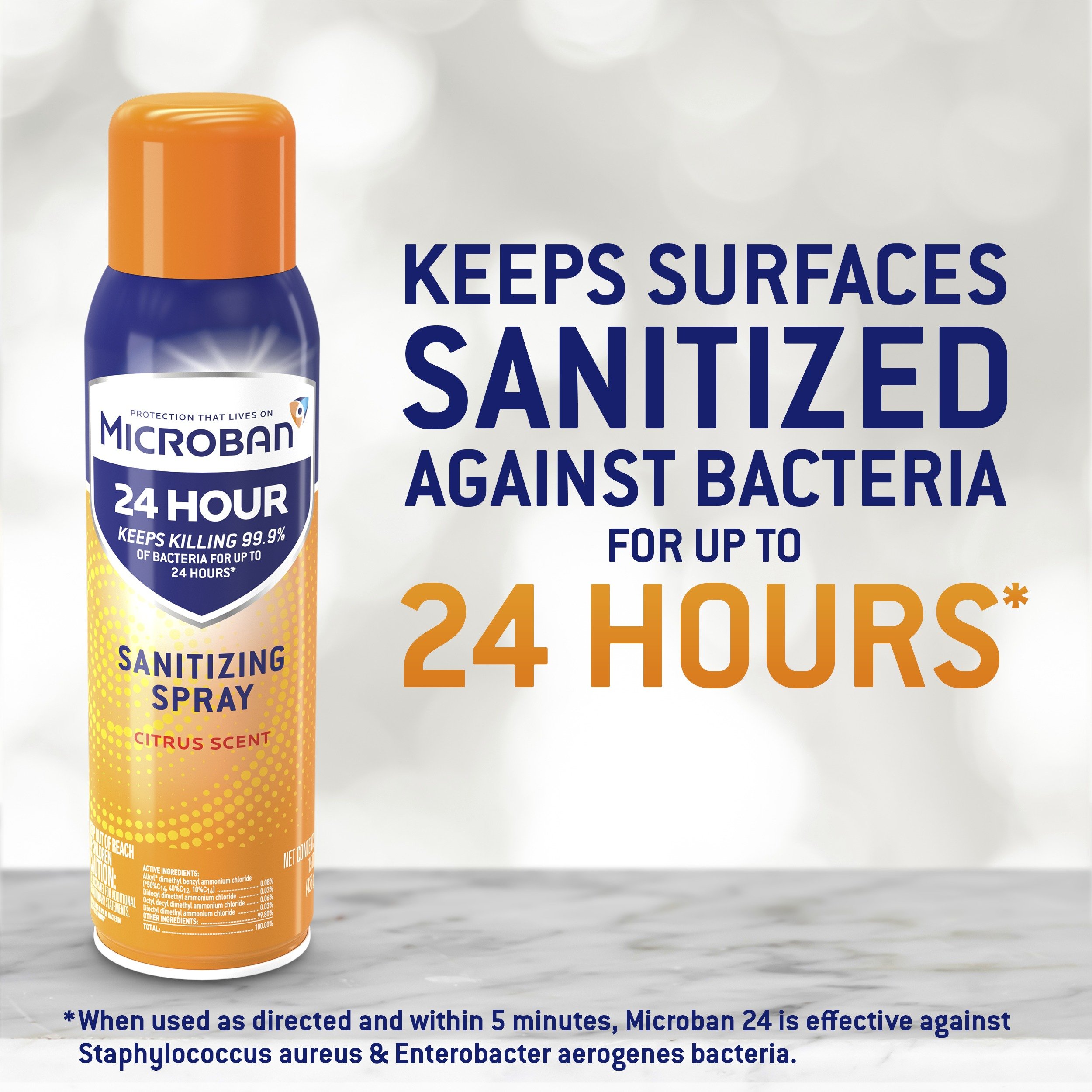 Product photo of Microban sanitizing spray that says, "keeps surfaces sanitized against bacteria for up to 24 hours"