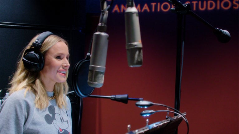 Kristen Bell in a voice over recording booth