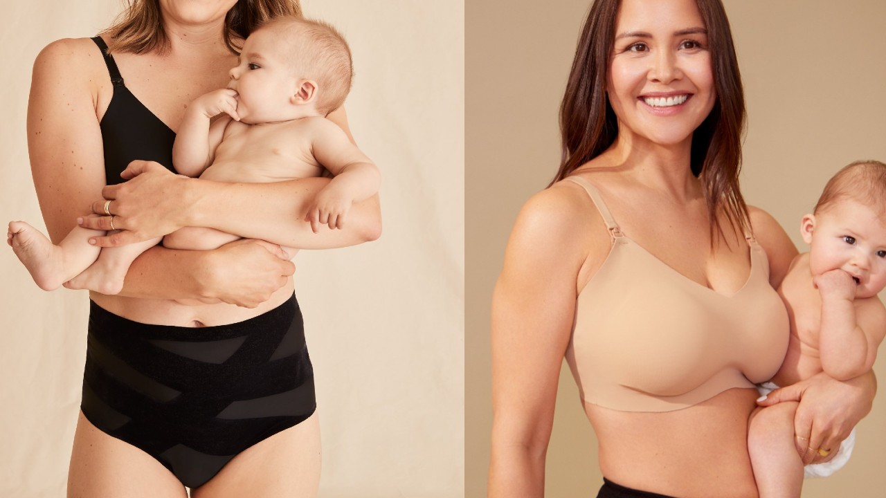 women wearing compression underwear and nursing tank with baby