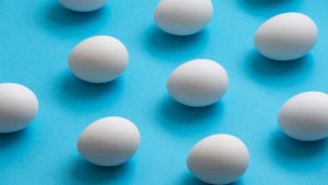 Eggs lined up in a grid on a blue background