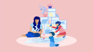 Illustration of mom playing with kids, wondering "should I leave my job during the pandemic?"