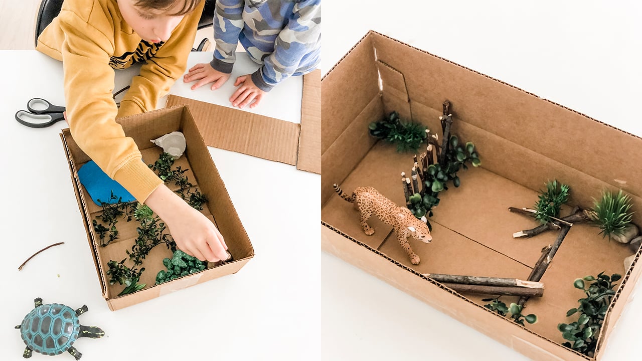 photos of kids making a habitat diorama in a cardboard box