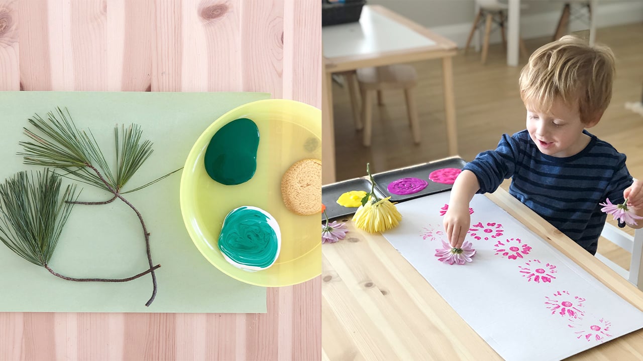 two photos, one of pine branches and paint and another of a kid stamping with a flower and paint