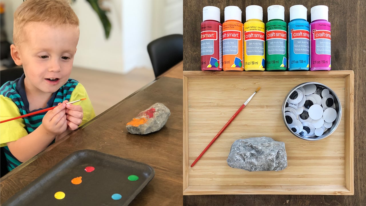 two photos one showing a kid painting a rock and another showing a rock painting set up with paint bottles and a tin of googley eyes