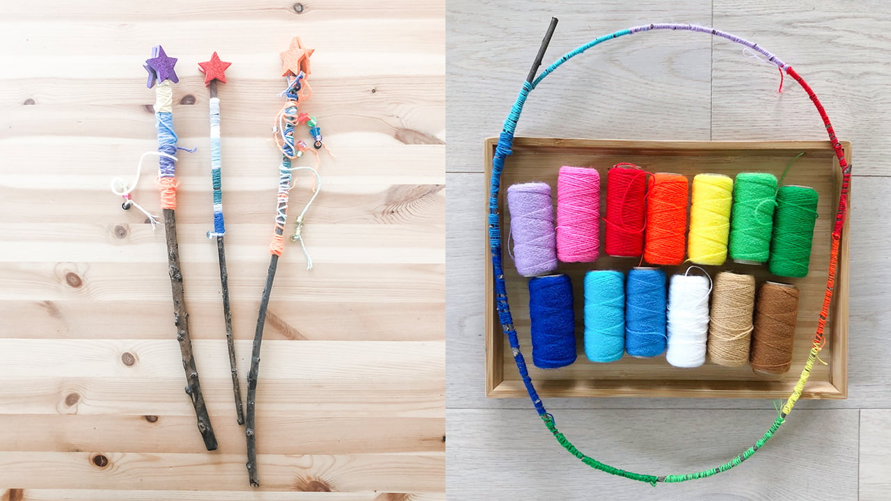 two photos on of twigs wrapped in yarn to look like wands with stars on the end and another branch wrapped with yarn to make a circle