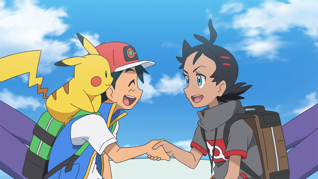 Two animated kids shaking hands. one has a pikachu on his shoulder