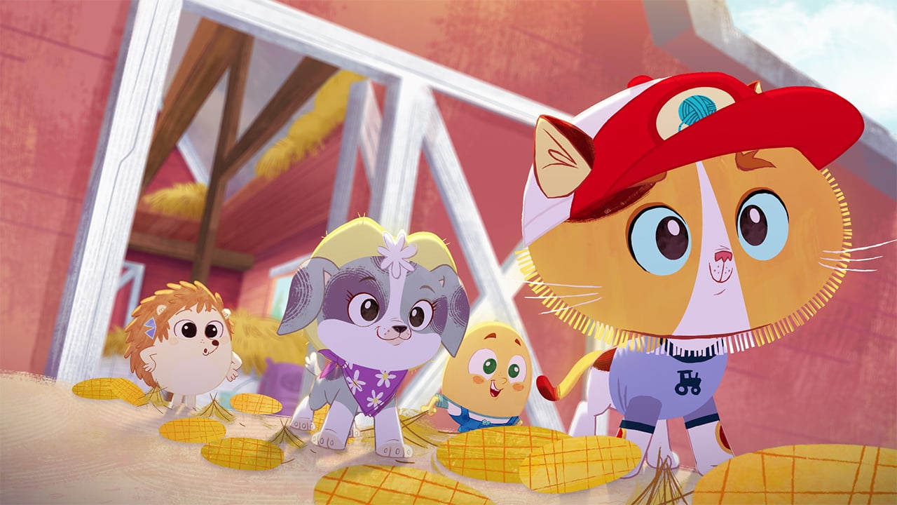 an animated scene showing a cat, dog hedgehog and anthropomorphic egg standing in front of a barn looking excited