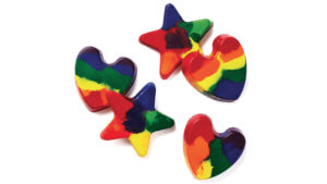 rainbow crayons in the shape of hearts and stars