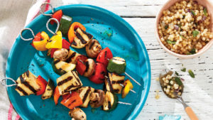 grilled halloumi and veggie skewers with Israeli couscous