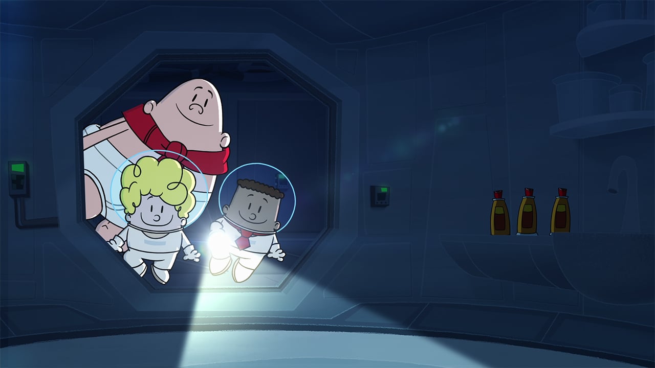 two kids and captain underpants exploring a space station