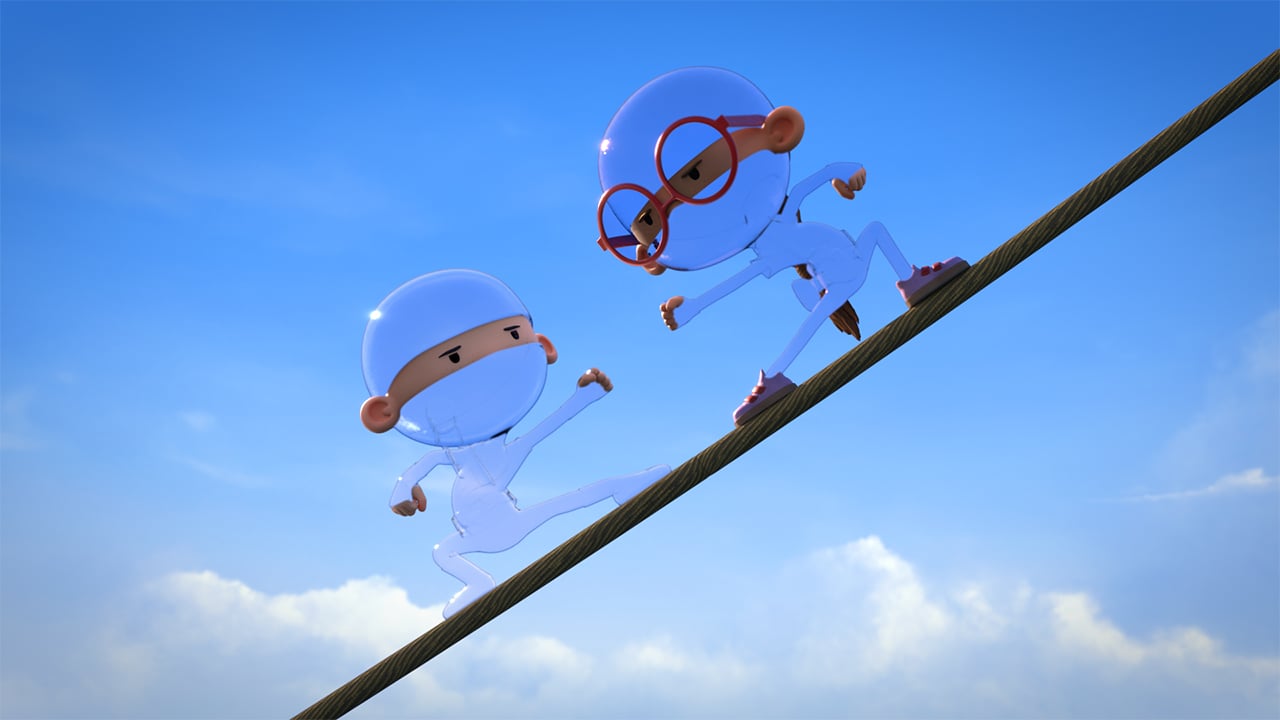 two invisible ninja kids standing on a rope