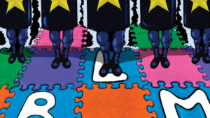 Illustration of cops in riot gear standing on a kids playmat that has the letters BLM for Black Lives Matter