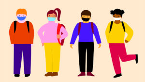 illustration of children wearing masks and going to school