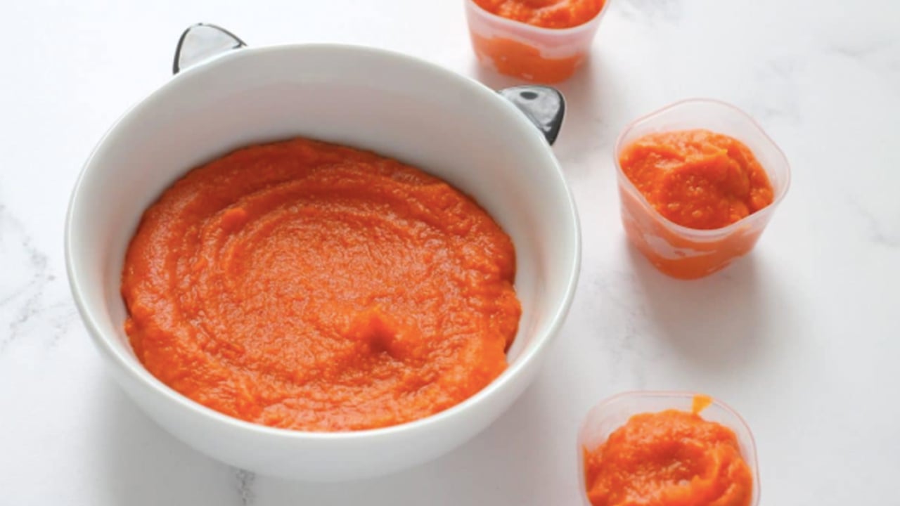 baby food recipes bowl with cat ears filled with red-orange baby food puree