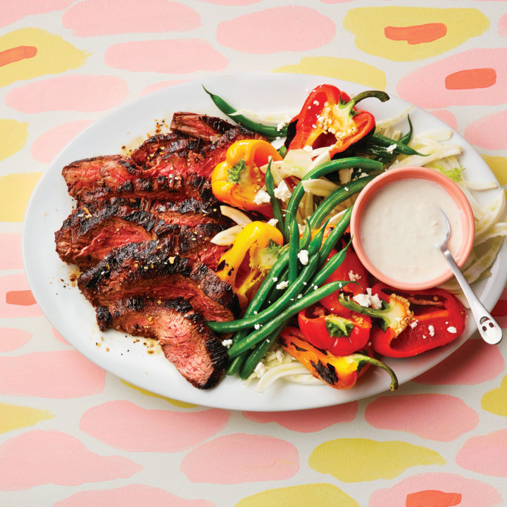 Grilled flank steak with summer vegetables
