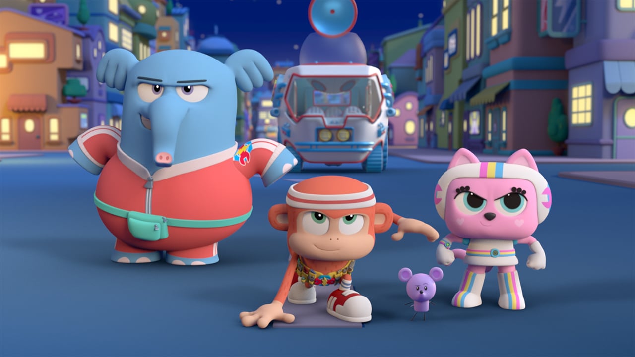 an animated super hero team made up of an elephant a monkey and a cat arrive on the scene