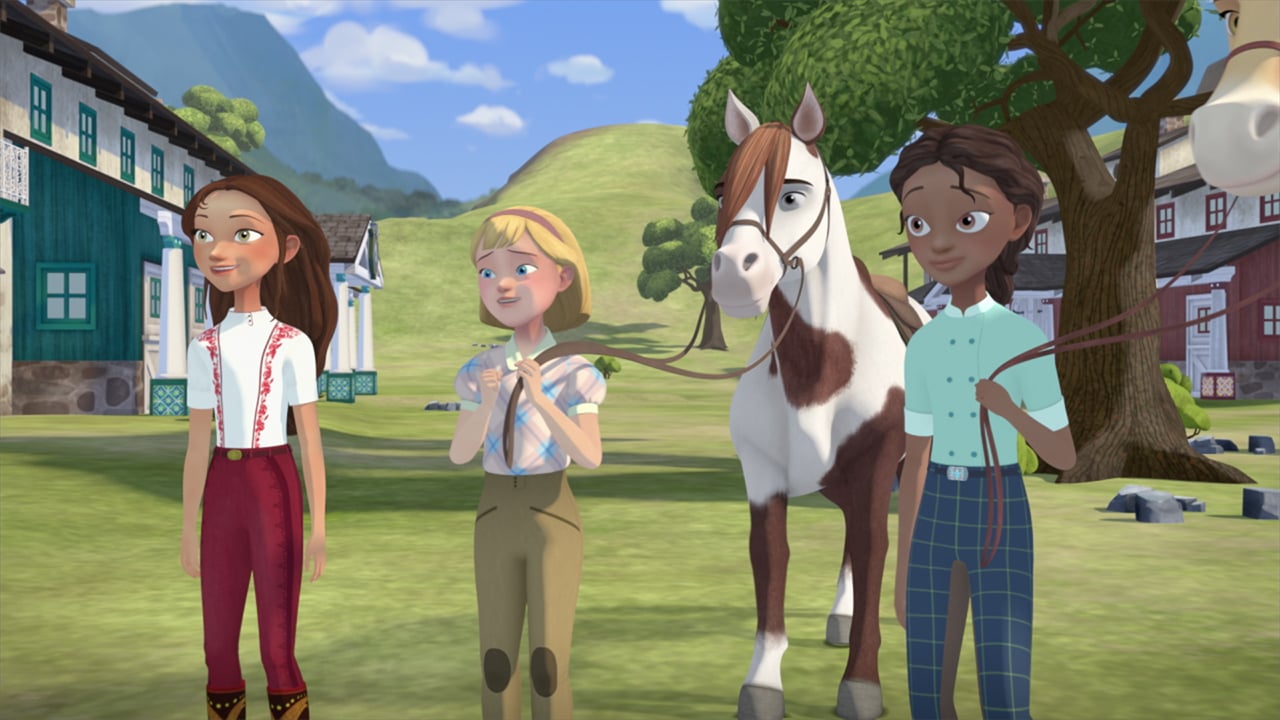 a group of animated kids lead a horse around the stables