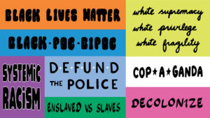 Word collage of different anti-racist terms like Systemic racism, decolonize and white privilege