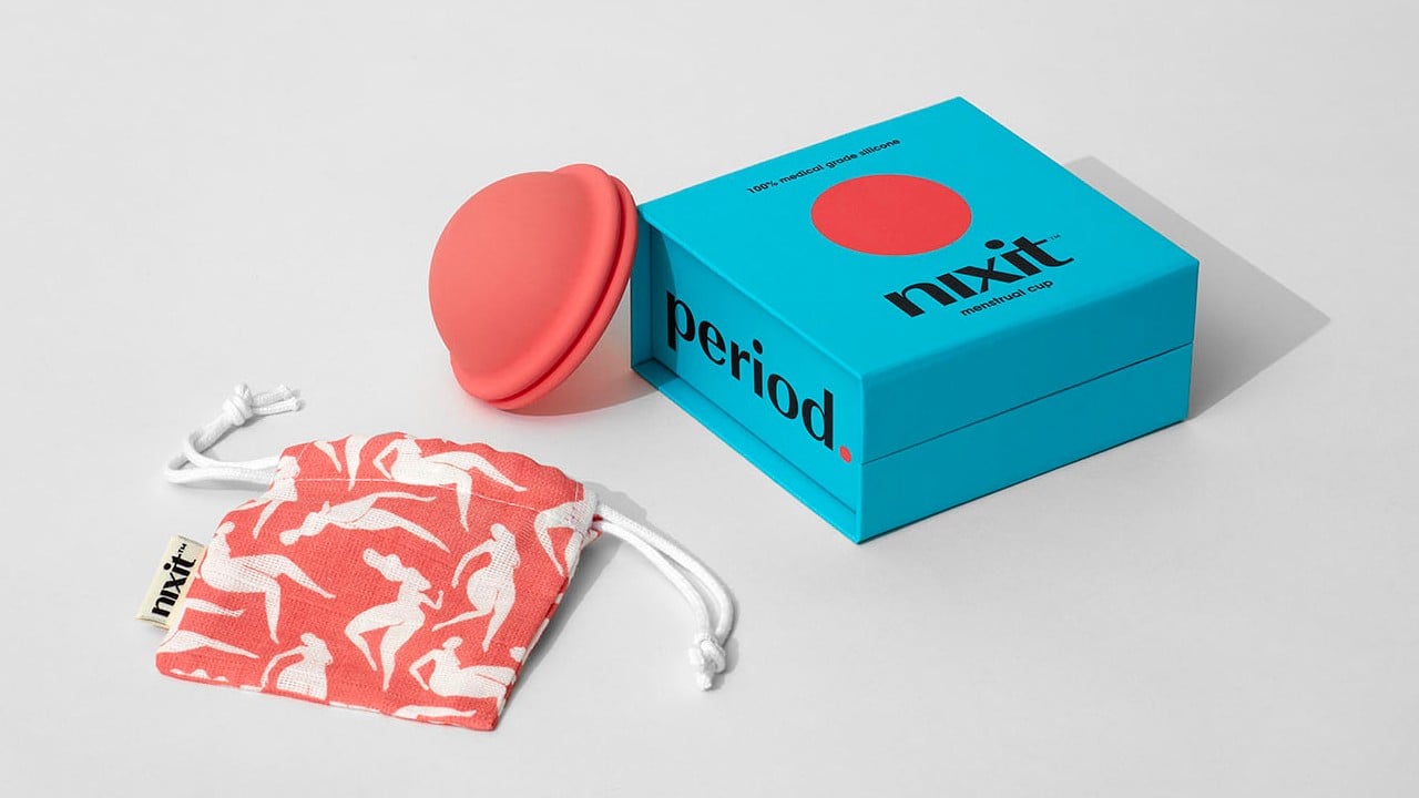menstrual cup with patterned pouch and box packaging