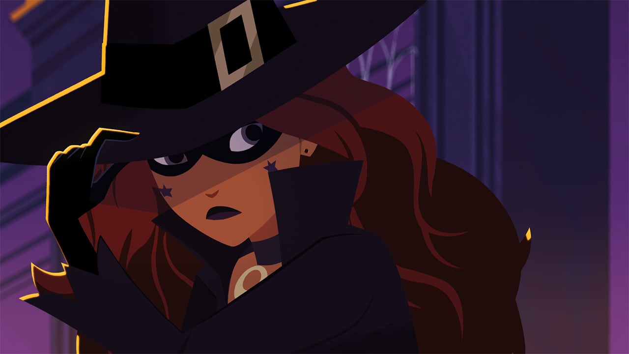 an animated woman in a witches costume and mask pulls her hat down