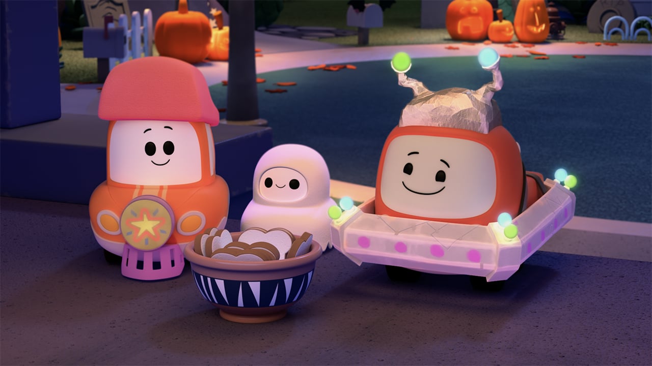 three animated cars go trick or treating