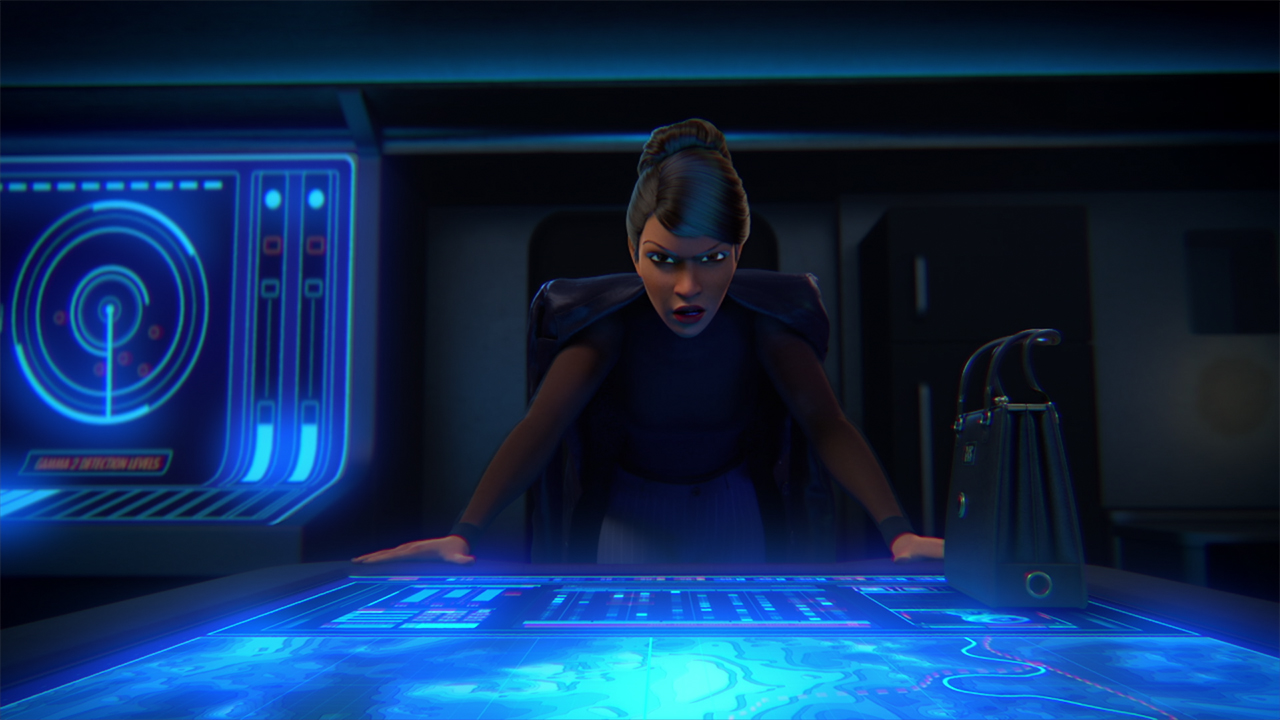 an animated woman stands in front of a tactical map in a command centre