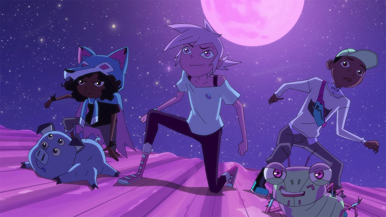 three animated teens, a mutant pig and a beetle crouch on a roof top