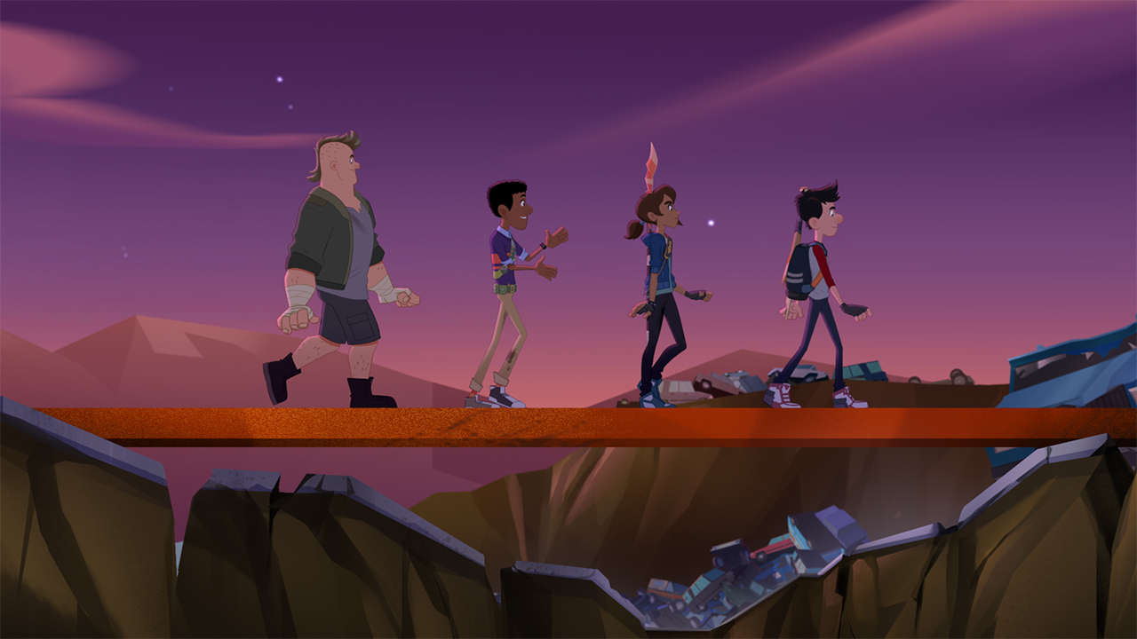 Four animated kids walk through a wasteland