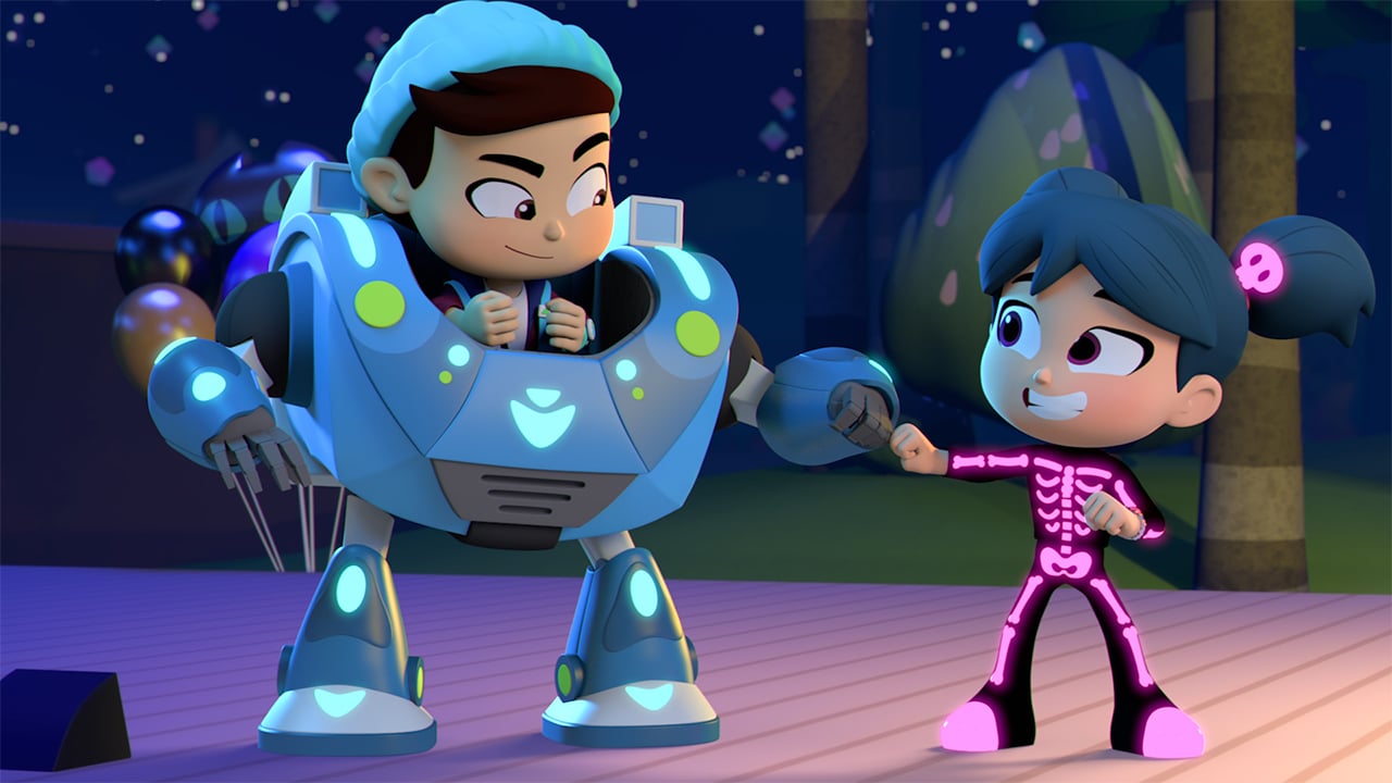 animated kids wearing a robot suit and a glowing skeleton costume fist bump each other