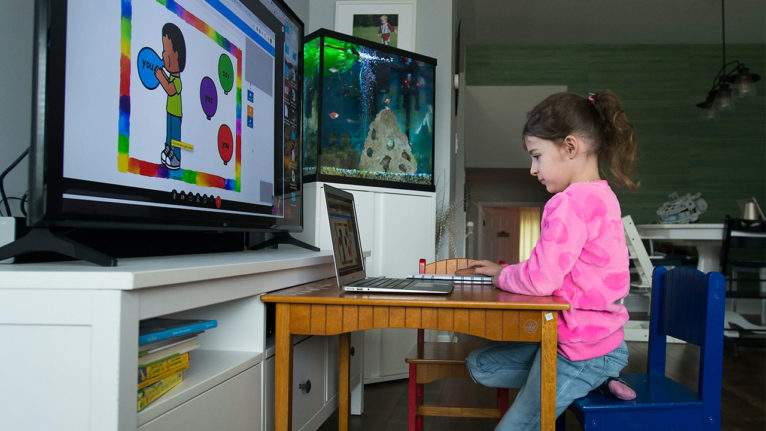 Six-year-old Peyton Denette works remotely from her home in Mississauga, Ont., on March 30, 2020.