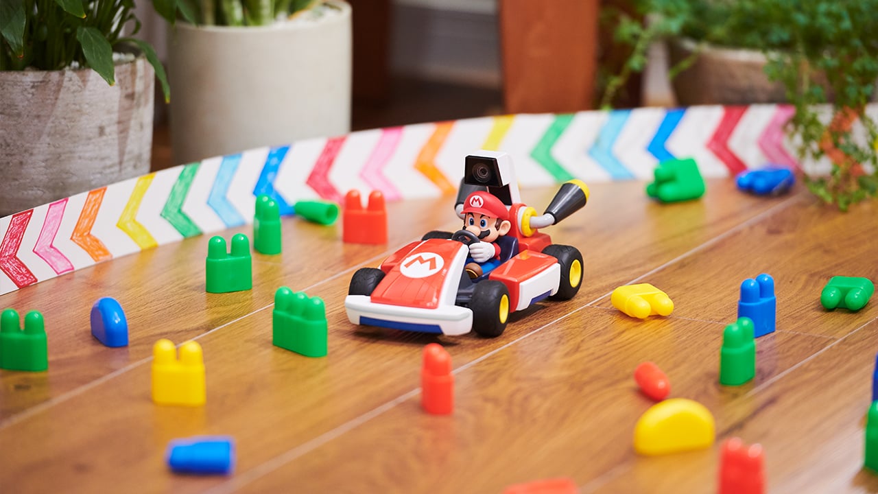 Close-up of Mario Kart racing on the floor