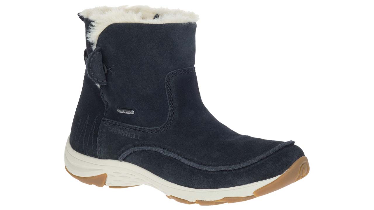 Photo of black slip-on winter boots with white fur lining