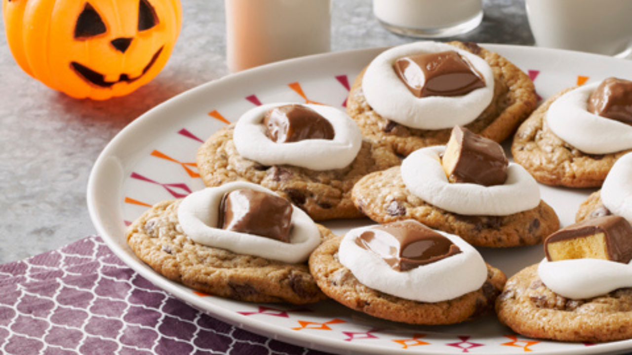 Plate of Halloween cookies with caramel chocolate squares