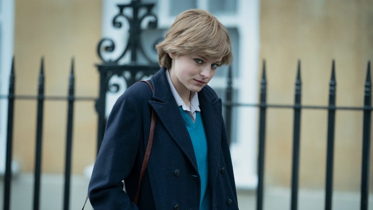 Screenshot from The Crown season four showing the character of Lady Diana Spencer walking along a street