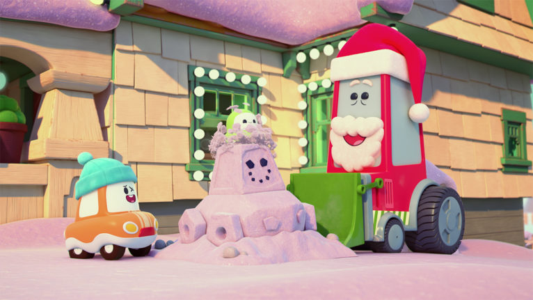 image of an animated car kid and car santa build a snowman car