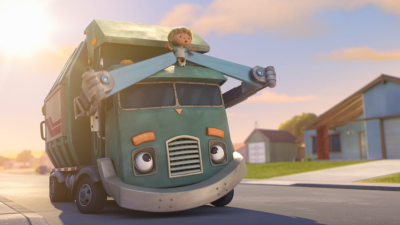 Image of an animated boy being picked up by his friend who is an animated garbage truck