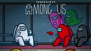 promo image for Among Us game showing a crewmate in red pointing at another crewmate in white while ghosts of dead crewmates point at the crewmate in red