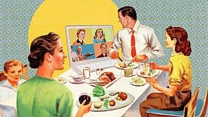 An illustration of an all-american 1950s family having hannukah dinner with relatives on zoom