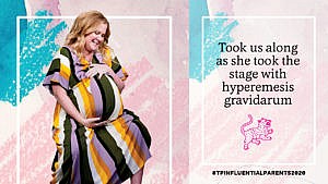 Amy schumer clutches her pregnant belly wearing a striped maxi dress beside the text 'took us along as she took the stage with hyperemesis gravidarum'