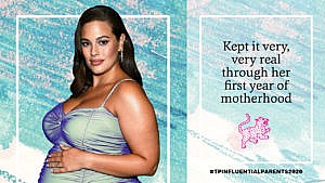 Pregnant Ashley Graham touches her belly in a ruched party dress beside the text 'kept it very, very real through her first year of motherhood'