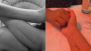 two images showing Chrissy Teigen's tattoos featuring the names of the members of her family