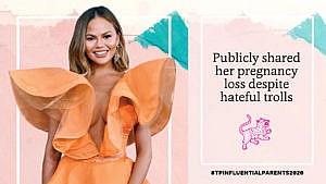Chrissy Teigen poses in an orange gown with huge shoulder ruffles beside the text 'publicly shard her pregnancy loss despite hateful trolls'