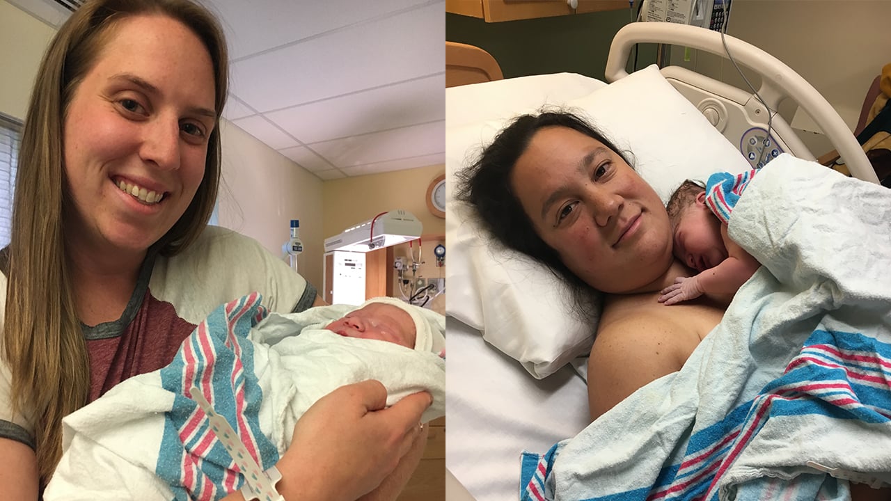 Split photo showing each mother holding a baby in the hospital