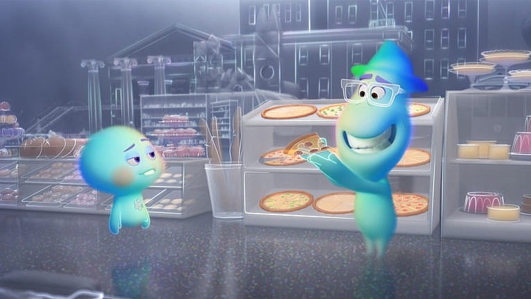 An animated still showing two souls about to eat a slice of pizza