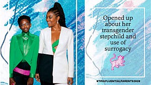 a crayon scribble background with Gabrielle Union and her stepdaughter Zara and copy saying "Opened up about her transgender stepchild and use of surrogacy" with the hashtag #TPINFLUENTIALPARENTS2020