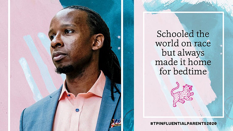 Ibram X. Kendi wears a peach shirt and blue jacket beside the copy 'schooled the world on race but always made it home for bedtime'
