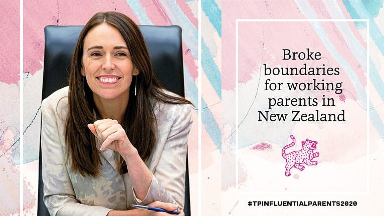 Jacinda Ardern smiles at a desk in a light blazer beside the copy 'broke boundaries for working parents in New Zealand'