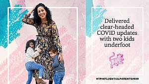 Jessica Malaty Rivera poses in a belted floral dress with her two kids clutching her legs beside the text 'delivered clear-headed covid updates with two kids underfoot'